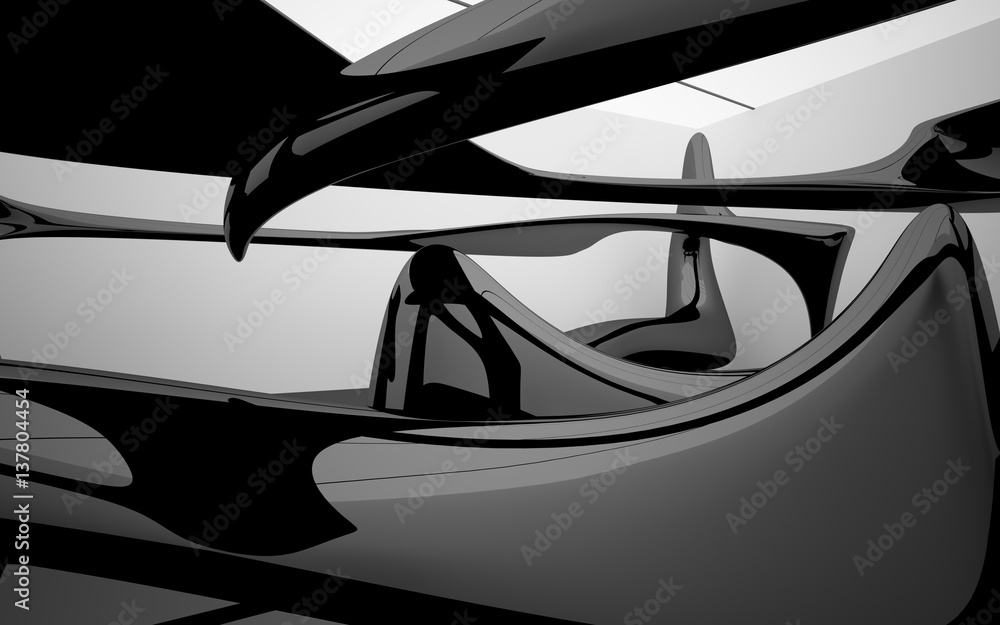 Abstract  glossy black and glass sculpture. 3D illustration. 3D rendering.