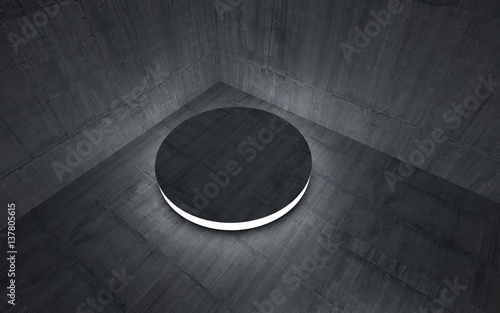 Stand by your object, standing in a dark concrete room and illuminated . 3D illustration. 3D rendering