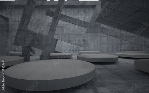 Stand by your object  standing in a dark concrete room and illuminated by light from a round window in the ceiling. 3D illustration. 3D rendering