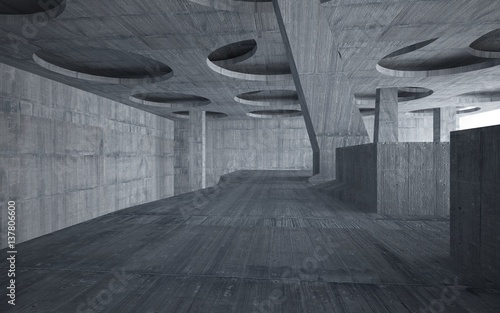 Stand by your object, standing in a dark concrete room and illuminated by light from a round window in the ceiling. 3D illustration. 3D rendering