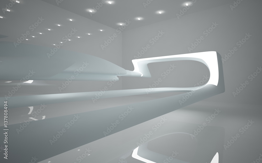 Abstract smooth white interior of the future. Night view from the backlight. Architectural background. 3D illustration and rendering 
