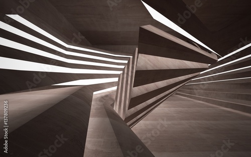 Empty dark abstract brown concrete room interior. Architectural background. Night view of the illuminated. 3D illustration. 3D rendering