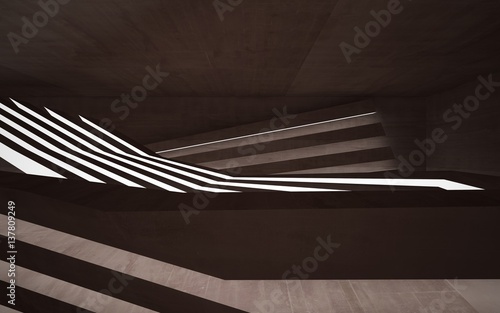 Empty dark abstract brown concrete room interior. Architectural background. Night view of the illuminated. 3D illustration. 3D rendering