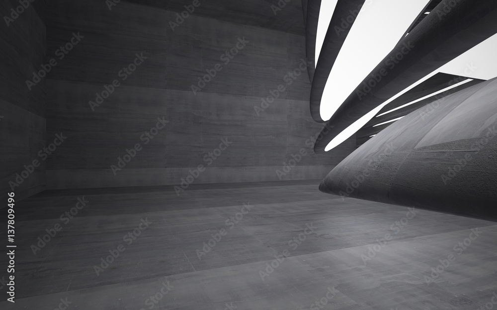 Empty dark abstract concrete room smooth interior. Architectural background. Night view of the illuminated. 3D illustration and rendering