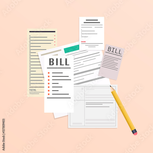 Paying bills. Payment of utility, bank, restaurant and other bills. Flat design modern vector illustration concept.