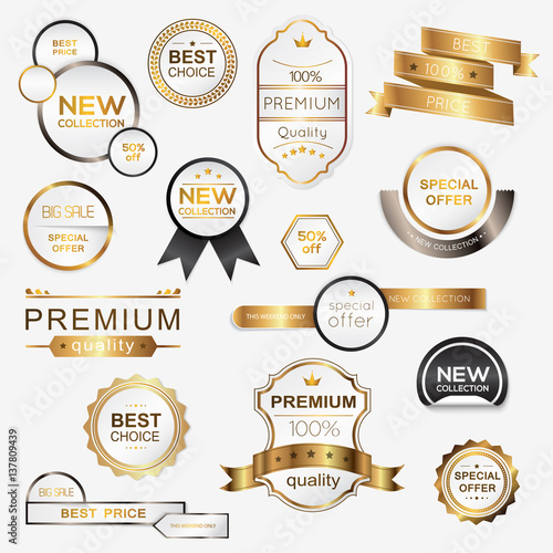 Collection of golden premium promo seals/stickers. Isolated vector illustration.