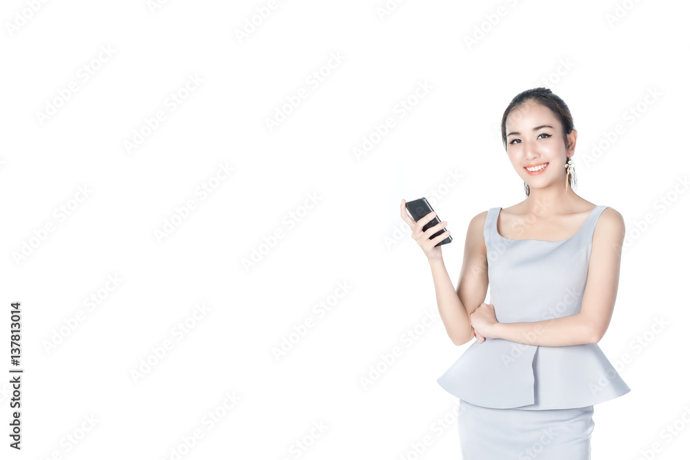 asian businesswoman holding smart phone happy face isolated on a white background asian businesswoman holding smart phone happy face isolated on a white background
