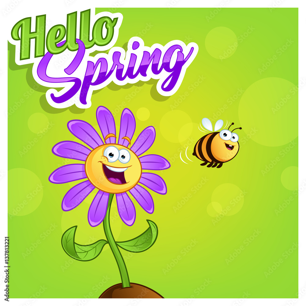 Poster hello spring with a cartoon flower and a bee