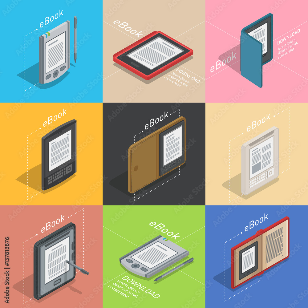Electronic books icon set. Isometric flat vector Electronic books icon set. Isometric flat vector