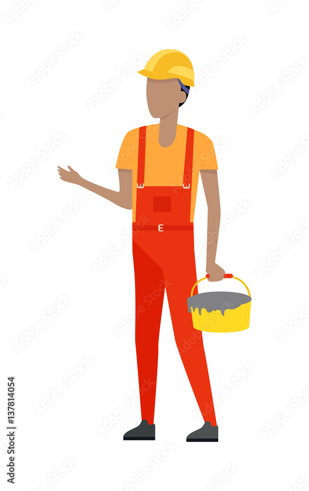 Builder in Helmet and Uniform. Bucket of Cement Builder in Helmet and Uniform. Bucket of Cement