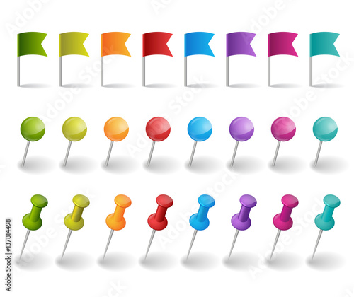 flags and pins in differnt colors on the white background