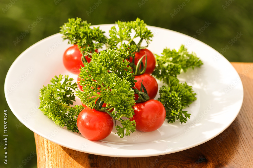 Cherry tomatoes with curled parsley in white plate closeup Cherry tomatoes with curled parsley in white plate closeup