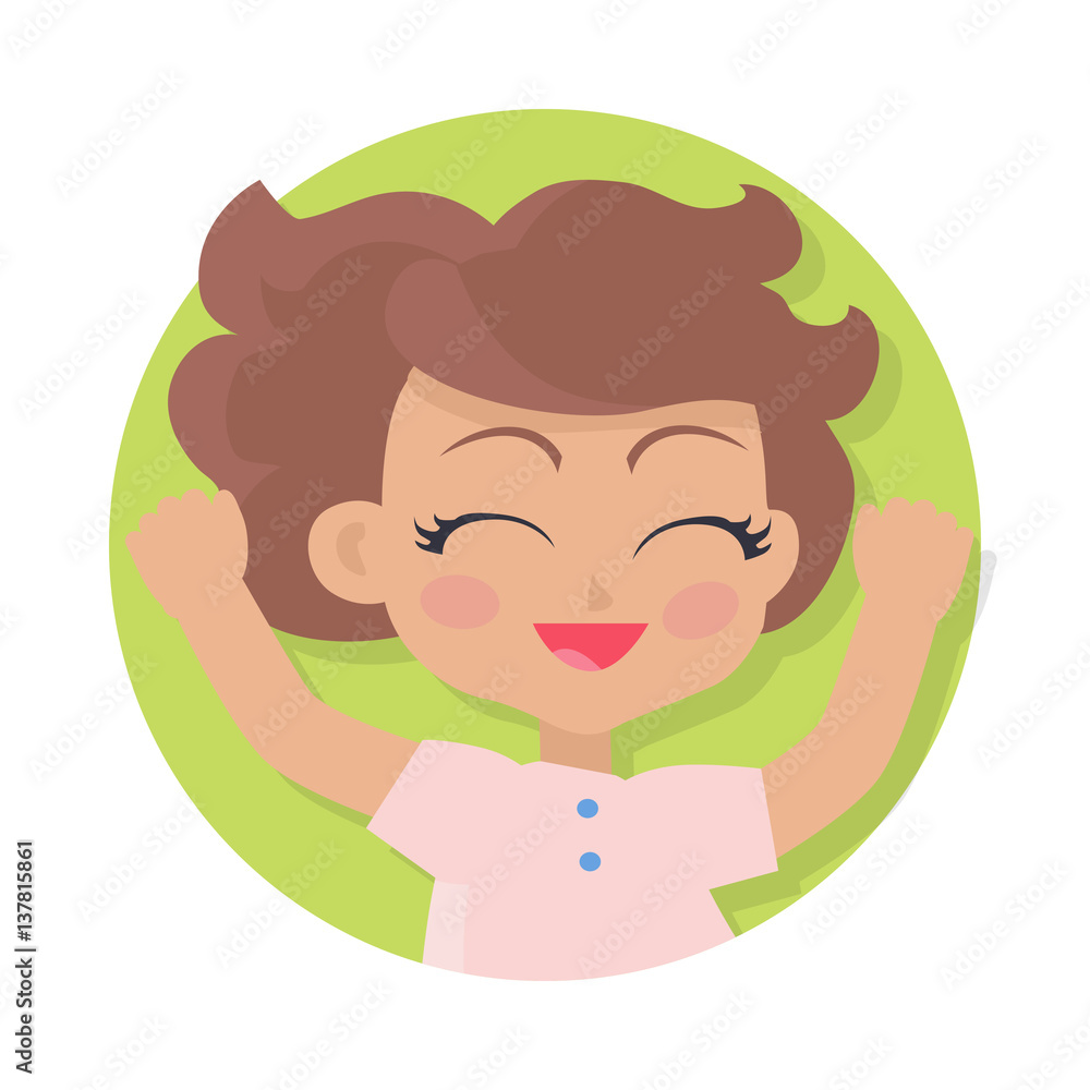 Smiling Girl with Raised Hands. Brown Wavy Hair Smiling Girl with Raised Hands. Brown Wavy Hair