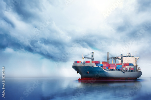 International Container Cargo ship in the ocean, Freight Transportation, Nautical Vessel