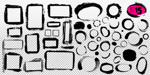 Set of black paint, ink brush strokes, brushes, lines. Dirty artistic design elements, boxes, frames. Vector illustration. Isolated on transparent background. Freehand drawing