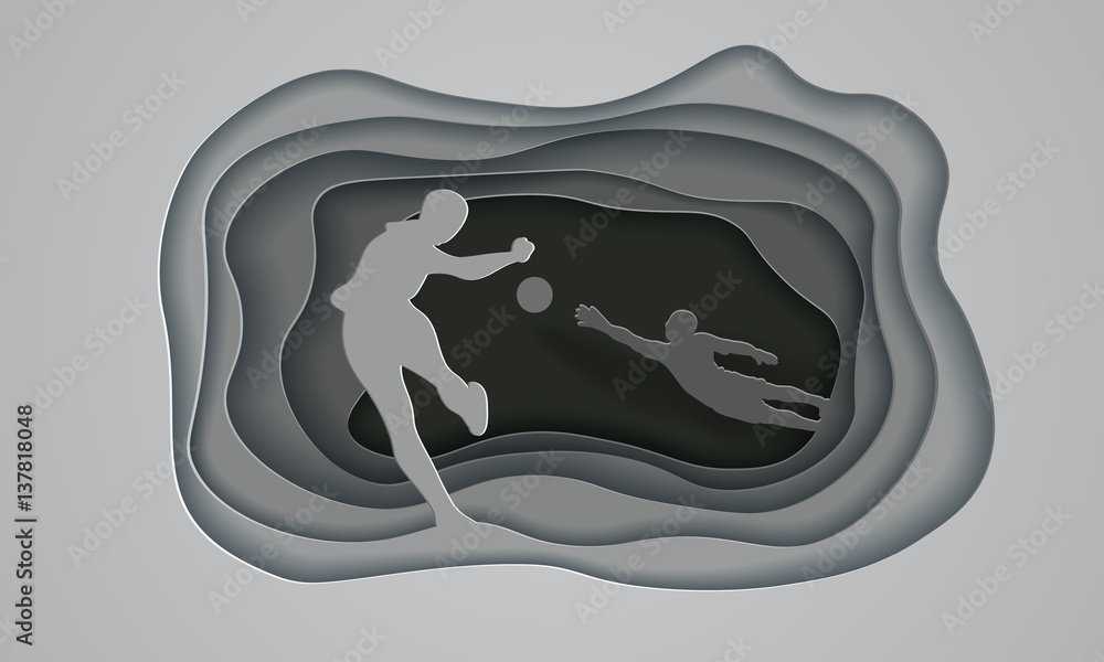 Soccer background with football player that hits the ball and the goalkeeper. Sport illustration with layered cut out paper footballer profile in gray colors.