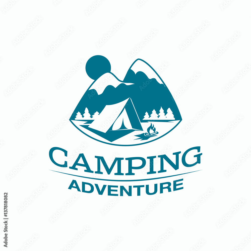 Camping and outdoor adventure logo. Monochrome tourism emblem with a tent, campfire and mountain landscape. Camping and outdoor adventure logo. Monochrome tourism emblem with a tent, campfire and mountain landscape.