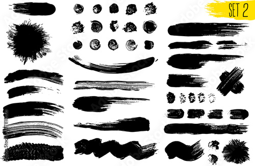 Set of black paint, ink brush strokes, brushes, lines. Dirty artistic design elements. Vector illustration. Isolated on white background. Freehand drawing.