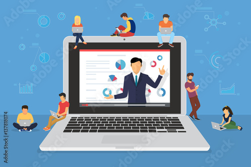 Business seminar speaker presentation and professional training about marketing, sales and e-commerce. Flat concept illustration of young people sitting on big laptop and attending public conference