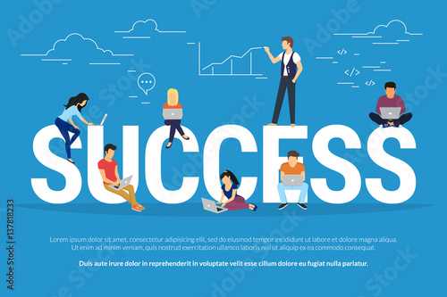 Success concept illustration of young people having the workshop and brainstorming for new brand to achieve successful business result. Flat design of guys and women sitting on big letters and working