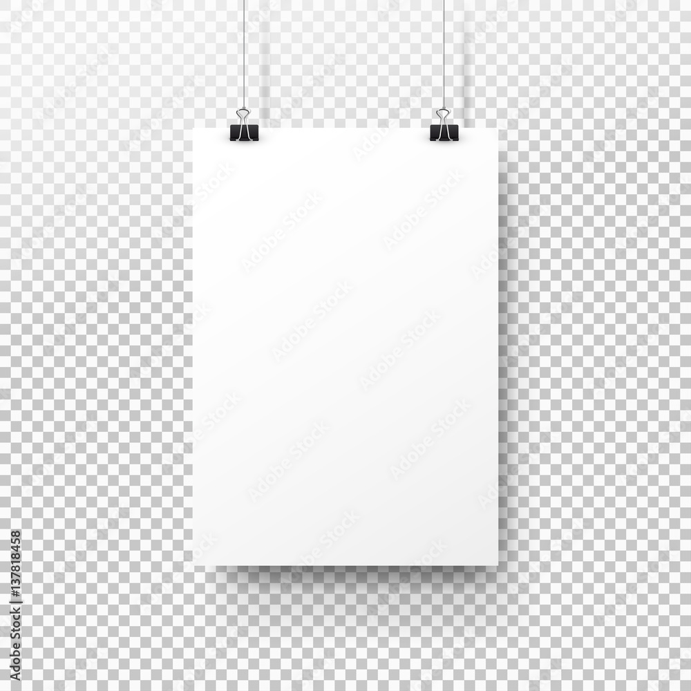 White poster hanging on binder. Transparent background with mock up empty  paper blank. Layout mockup. Vertical template sheet Stock Vector | Adobe  Stock