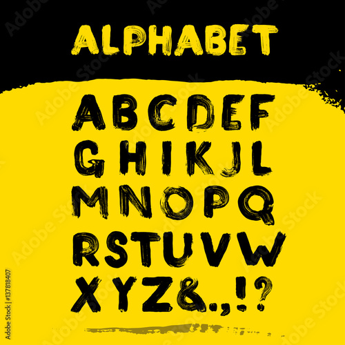 Graphic Font for your design. Hand drawn calligraphy lettering alphabet. Stylish letters painted with a brush. Vector illustration. Isolated on yellow background. Freehand drawing.