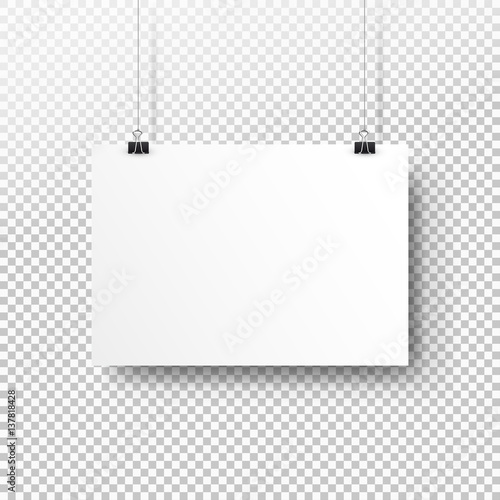 White poster hanging on binder. Transparent background with mock up empty paper blank. Layout mockup. Horizontal template sheet