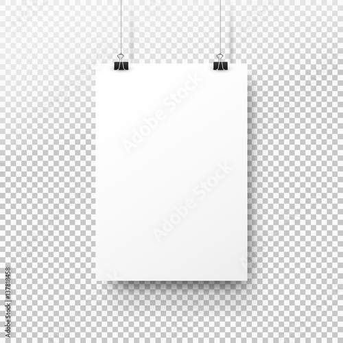 White poster hanging on binder. Transparent background with mock up empty paper blank. Layout mockup. Vertical template sheet