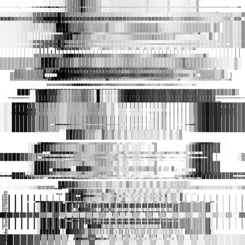 Glitch abstract background with distortion effect, bug, error, random horizontal black and white, monochrome lines for design concepts, posters, wallpapers, presentations, prints. Vector illustration.