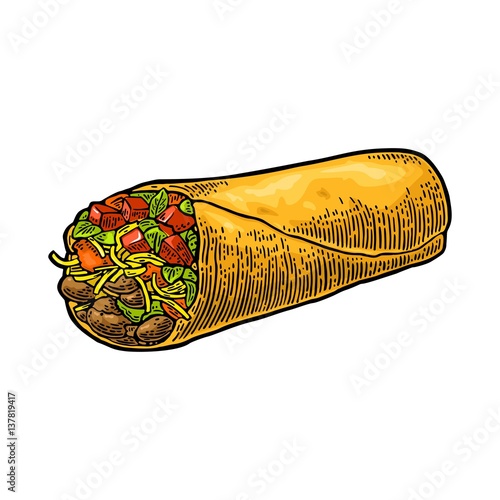 Burrito - mexican traditional food. Vector color vintage engraved
