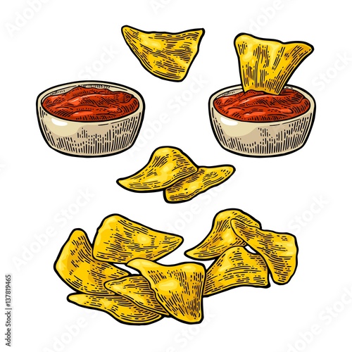 Nachos - mexican traditional food. Vector vintage engraved illustration