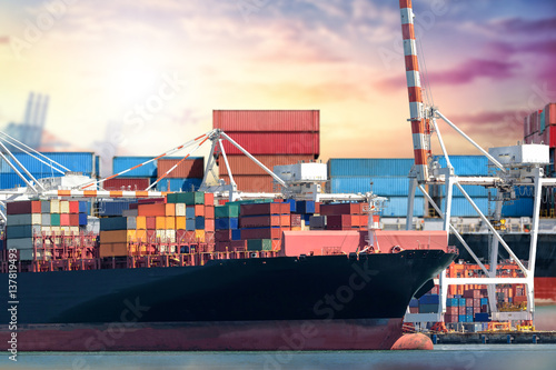 Logistics and transportation of International Container Cargo ship in the ocean at Sunset sky, Freight Transportation, Shipping