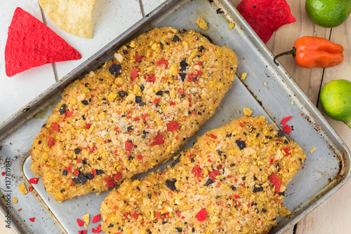 Uncooked tortilla crusted tilapia