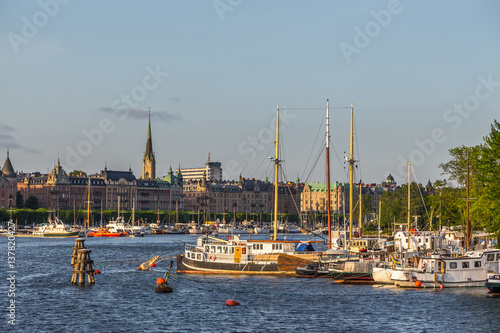 Boats in marina, warm evening, Stockholm, Sweden.