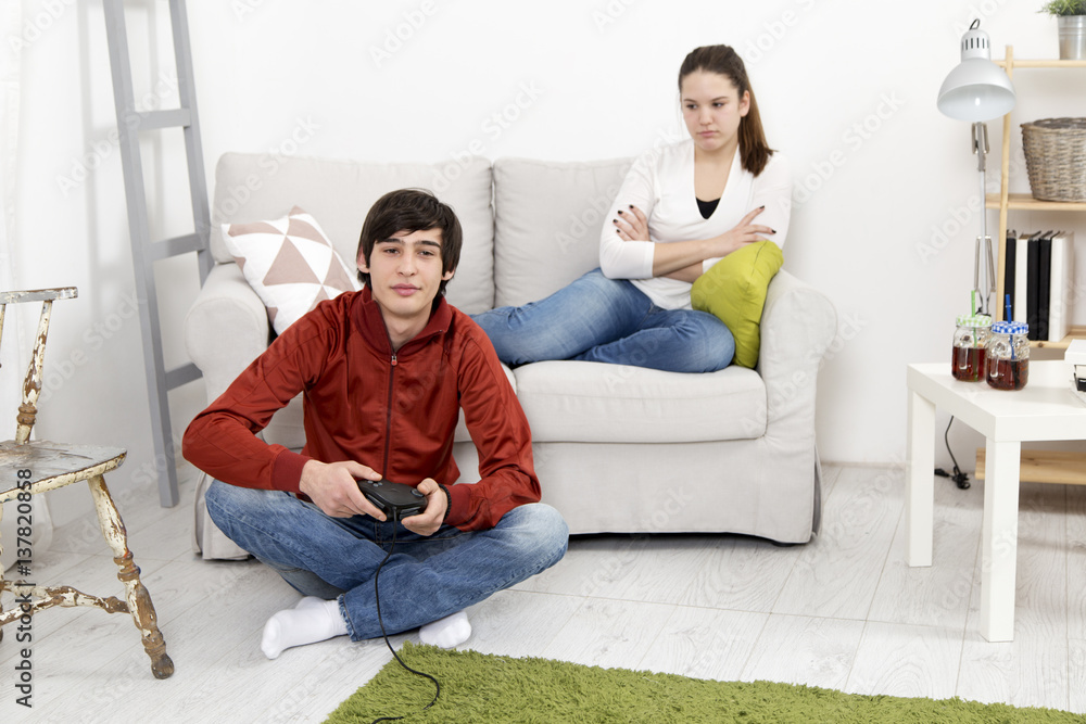 Boring Date. Excited Black Guy Playing Video Games and Ignoring Girlfriend  Next To Him Stock Image - Image of enjoy, conflict: 188745699