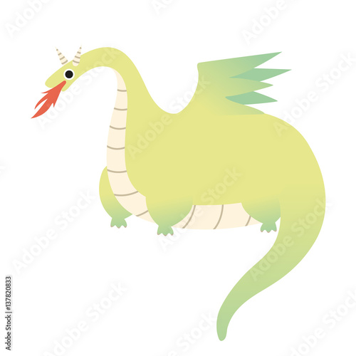 Vector illustration of green cartoon dragon breathing flame