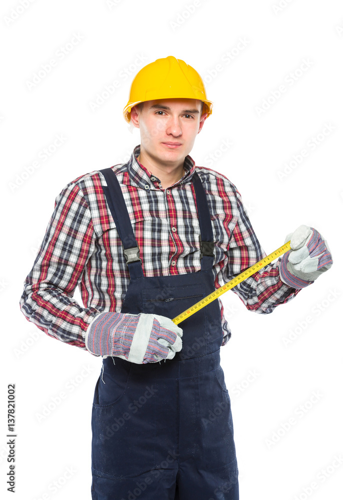 young worker man holding measure meter on white background young worker man holding measure meter on white background