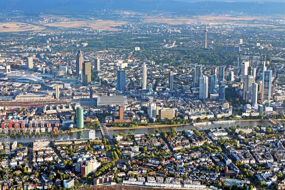Panoramic view of Skyline Frankfurt/Main, Germany from the plane Panoramic view of Skyline Frankfurt/Main, Germany from the plane