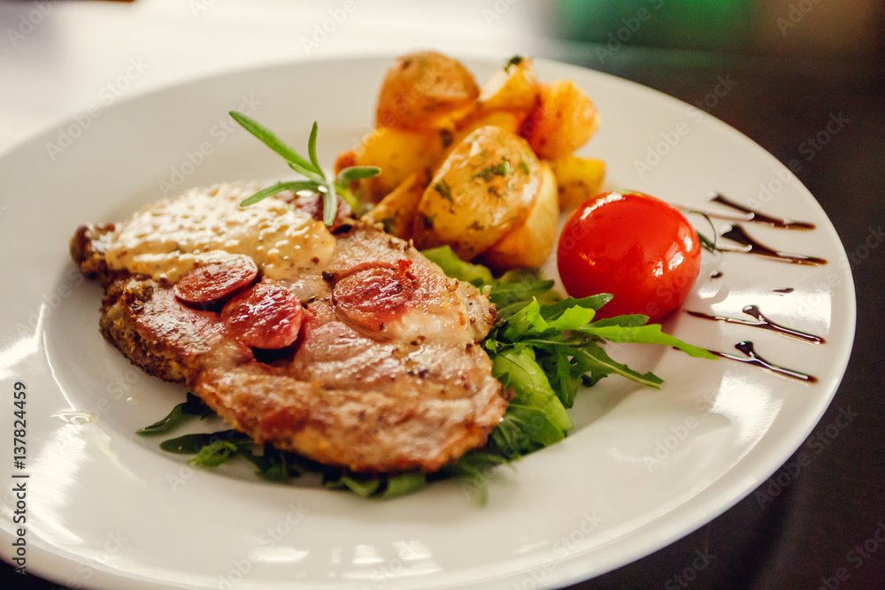 Fried chicken fillets, boiled potatoes and vegetables Fried chicken fillets, boiled potatoes and vegetables