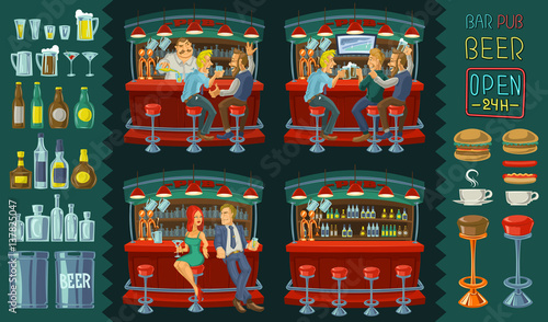 Cartoon illustration of icons for bar interior
