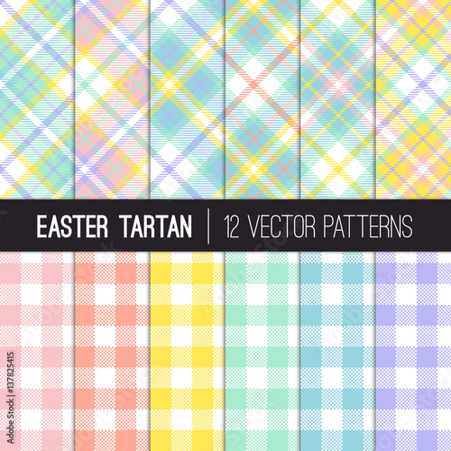 Easter Colors Tartan Plaid and Pixel Gingham Vector Patterns. Pastel Shades of Pink, Coral Orange, Yellow, Turquoise, Blue and Lavender Purple. Pattern Tile Swatches Included.