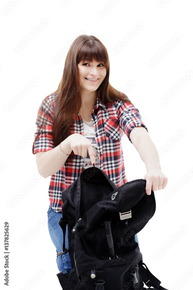 woman with bag going on a journey on white background woman with bag going on a journey on white background