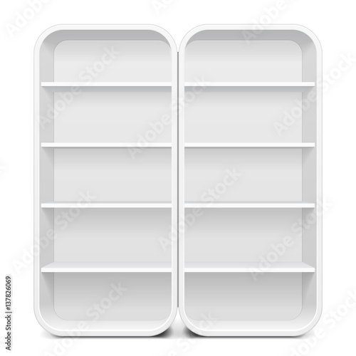 Blank Empty Rounded Showcase Display With Retail Shelves. 3D. Front View. Mock Up, Template. Illustration Isolated On White Background. Ready For Your Design. Product Advertising. Vector EPS10