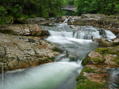 Fototapeta Naklejka Na Ścianę i Meble -  Waterfall and stream in the forest mountain valley