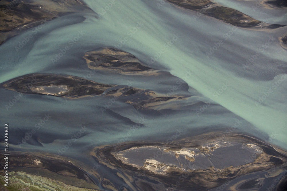 Aerial view of the Skjalfandafljot river delta, Northern Iceland, July ...