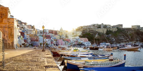 Panorama of Corricella village on Procida Island in Italy
