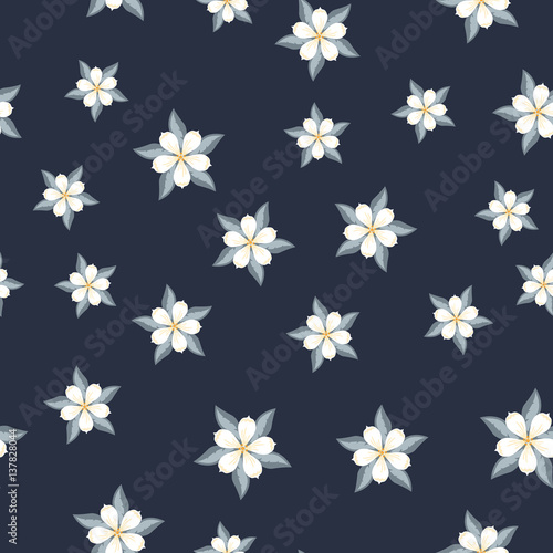 White Flowers on Dark Blue Background Seamless Pattern