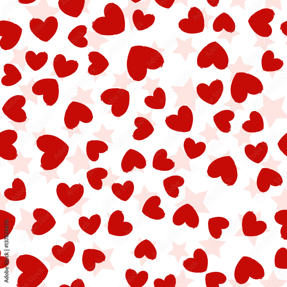 Red Hearts and Stars Seamless Pattern