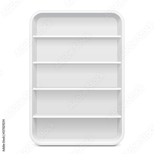 Blank Empty Rounded Showcase Display With Retail Shelves. 3D. Front View. Mock Up, Template. Illustration Isolated On White Background. Ready For Your Design. Product Advertising. Vector EPS10