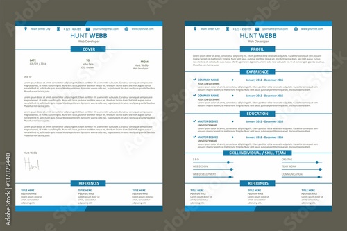 CV Resume, Curriculum Vitae Web Page Flat Design Color Blue with Cover Letter Template Vector